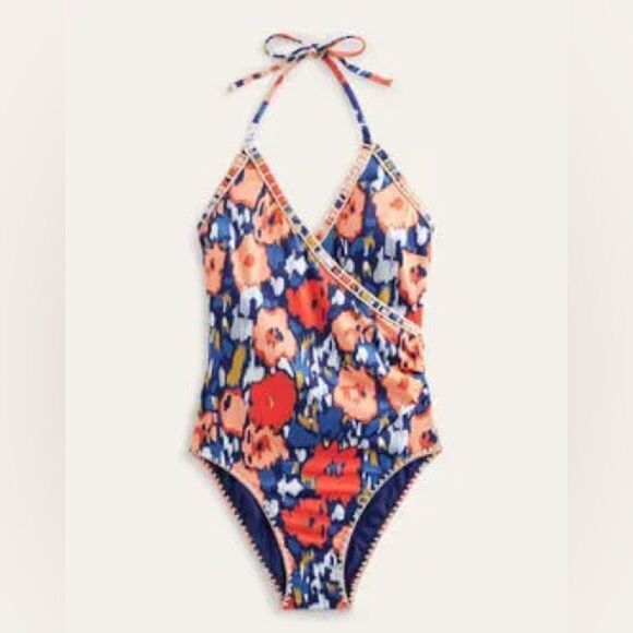 Boden | Crochet Trim Wrap One Piece Swimsuit Navy, Abstract Poppy |  14 - Picture 1 of 9